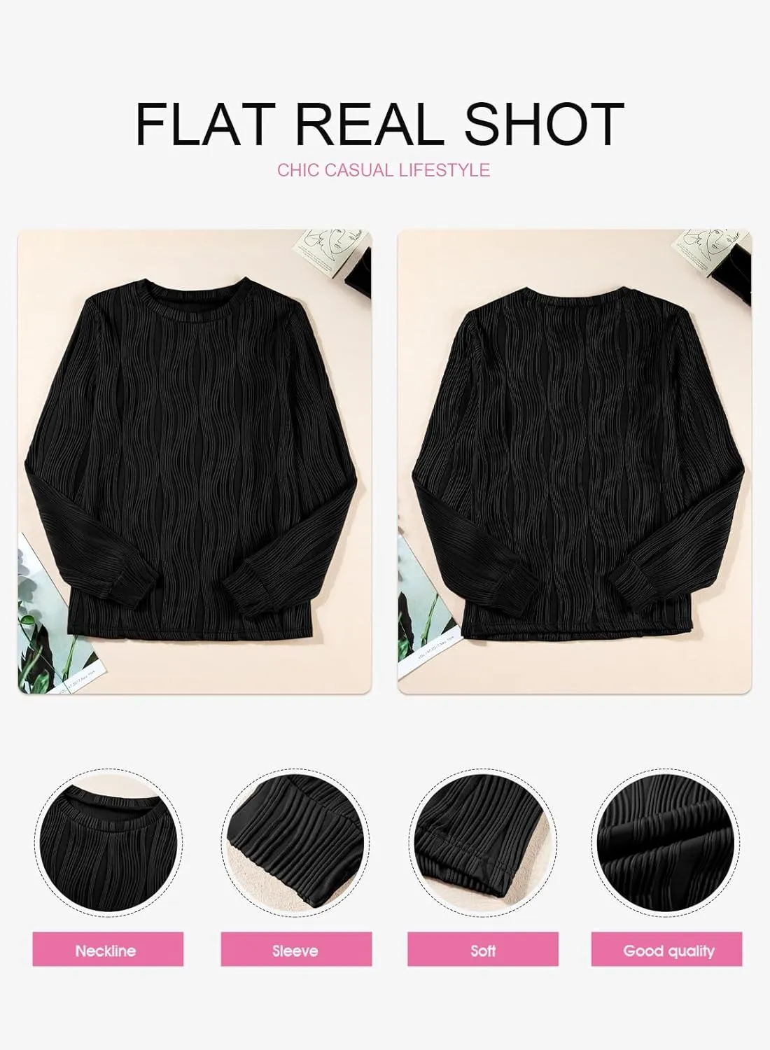 EVALESS Womens Tops Trendy Dressy Casual Long Sleeve Crewneck Basic T Shirts Solid Loose Textured Blouses Outfits