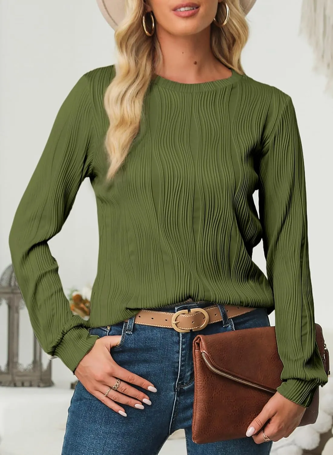EVALESS Womens Tops Trendy Dressy Casual Long Sleeve Crewneck Basic T Shirts Solid Loose Textured Blouses Outfits