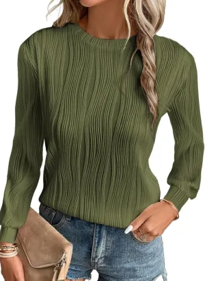 EVALESS Womens Tops Trendy Dressy Casual Long Sleeve Crewneck Basic T Shirts Solid Loose Textured Blouses Outfits