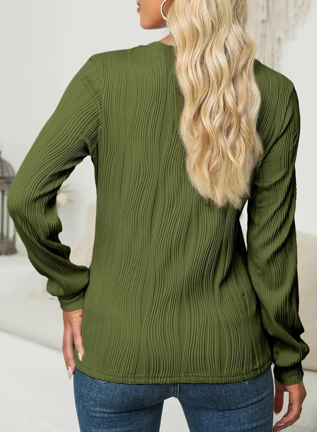 EVALESS Womens Tops Trendy Dressy Casual Long Sleeve Crewneck Basic T Shirts Solid Loose Textured Blouses Outfits