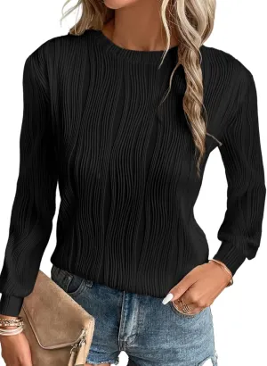EVALESS Womens Tops Trendy Dressy Casual Long Sleeve Crewneck Basic T Shirts Solid Loose Textured Blouses Outfits