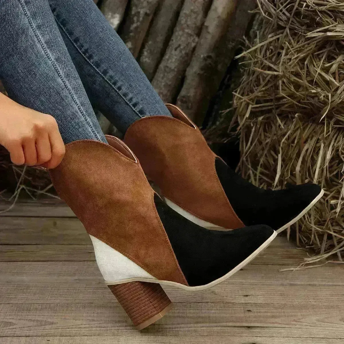 Fashion Splicing Suede Boots Retro Pointed-toe Square High Heel Mid-calf Boots For Women Fall And Winter Shoes
