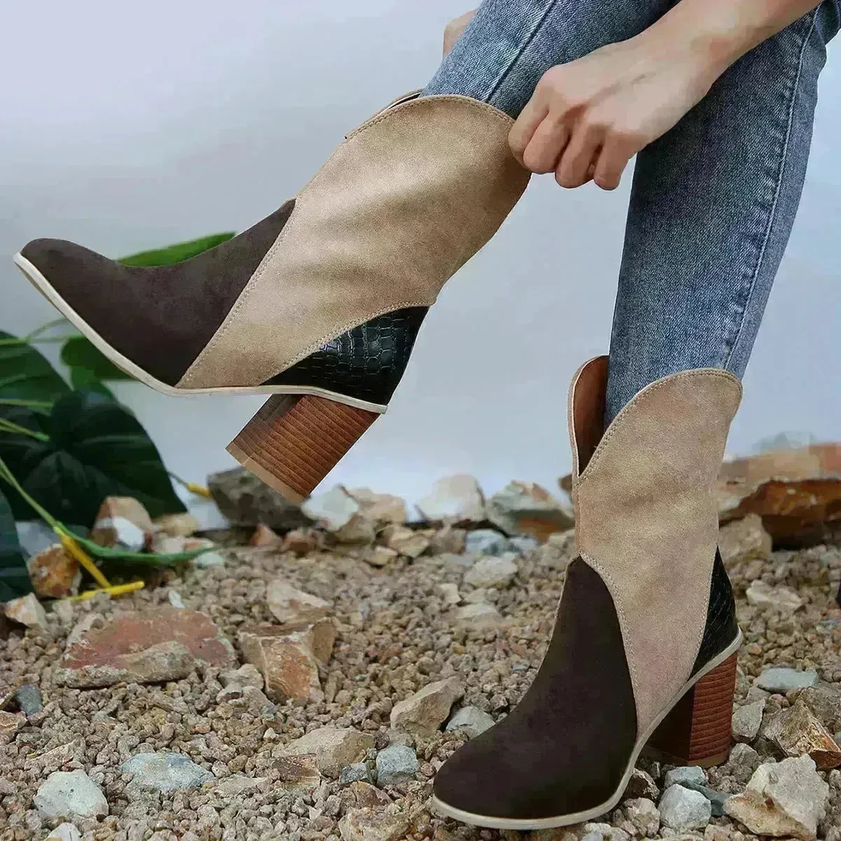 Fashion Splicing Suede Boots Retro Pointed-toe Square High Heel Mid-calf Boots For Women Fall And Winter Shoes