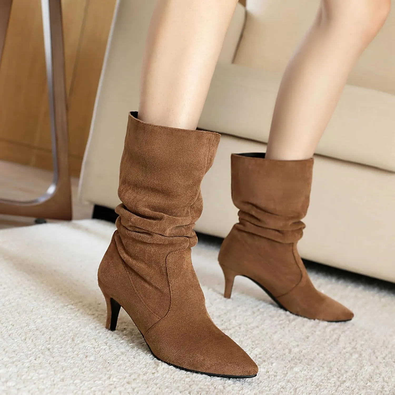 Faux Suede Slouch Boots for Women Sexy Stiletto Heel Slip On Pleated Mid Calf Boots