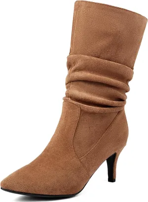 Faux Suede Slouch Boots for Women Sexy Stiletto Heel Slip On Pleated Mid Calf Boots
