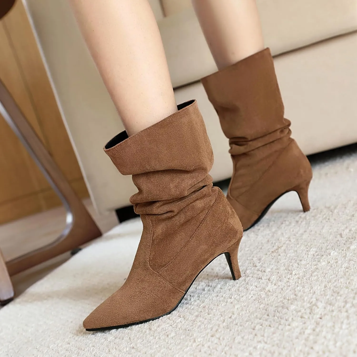 Faux Suede Slouch Boots for Women Sexy Stiletto Heel Slip On Pleated Mid Calf Boots