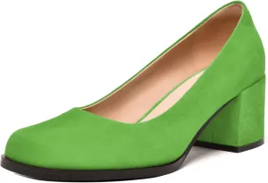 FEMSTEP Womens Suede Leather Dating Square Toe Slip On Cute Chunky Low Heel Pumps Shoes 2.2 Inch