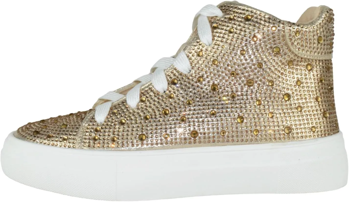 Flat Women High Top Sneakers Chelsea Shoes Lace Up White Sole Rhinestone Bling DOLCE-77