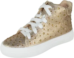Flat Women High Top Sneakers Chelsea Shoes Lace Up White Sole Rhinestone Bling DOLCE-77