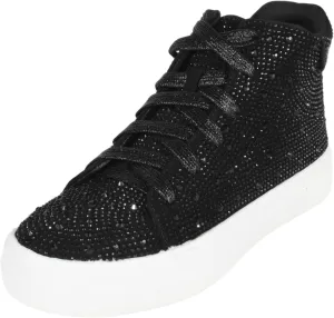 Flat Women High Top Sneakers Chelsea Shoes Lace Up White Sole Rhinestone Bling DOLCE-77