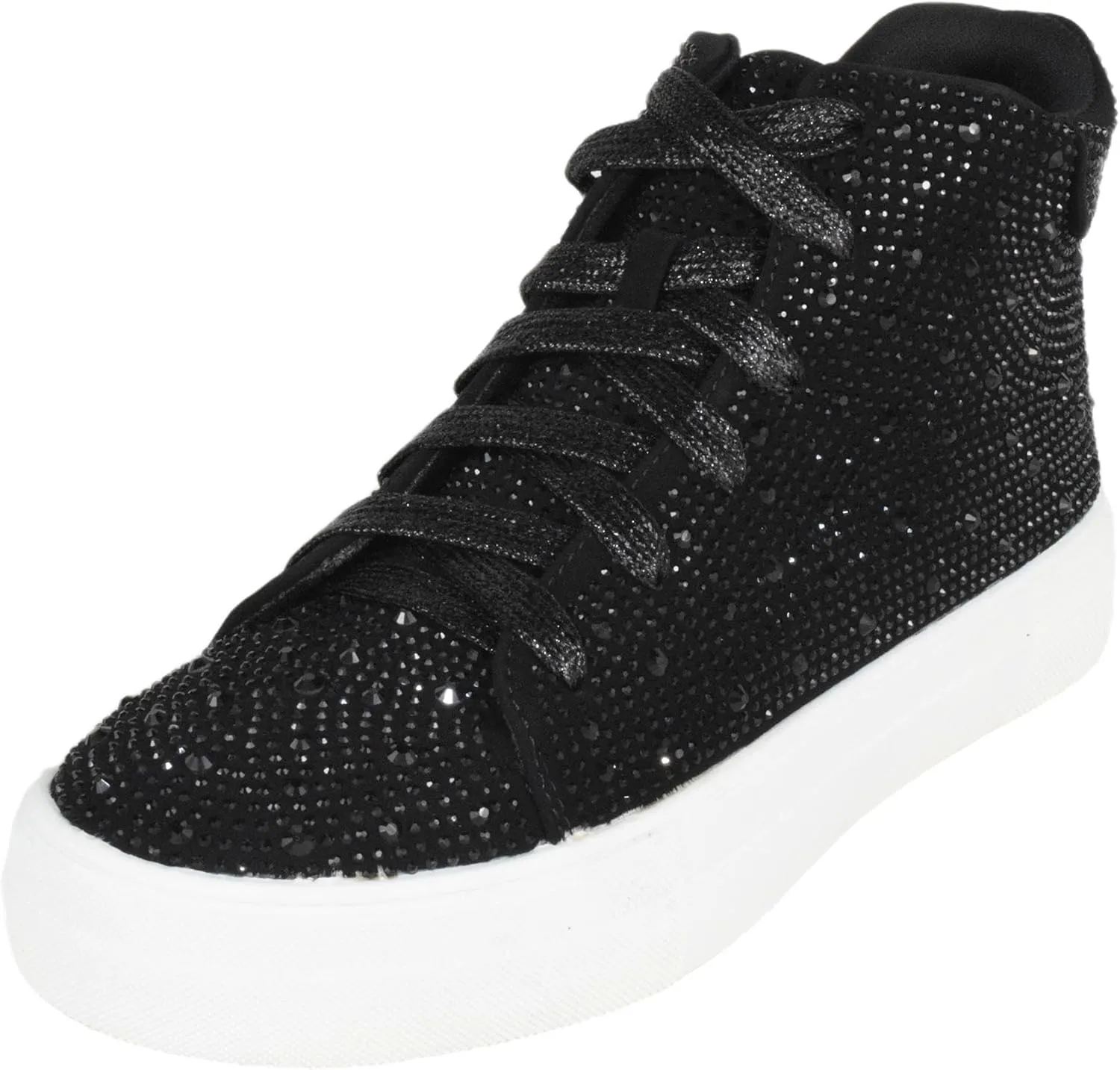 Flat Women High Top Sneakers Chelsea Shoes Lace Up White Sole Rhinestone Bling DOLCE-77