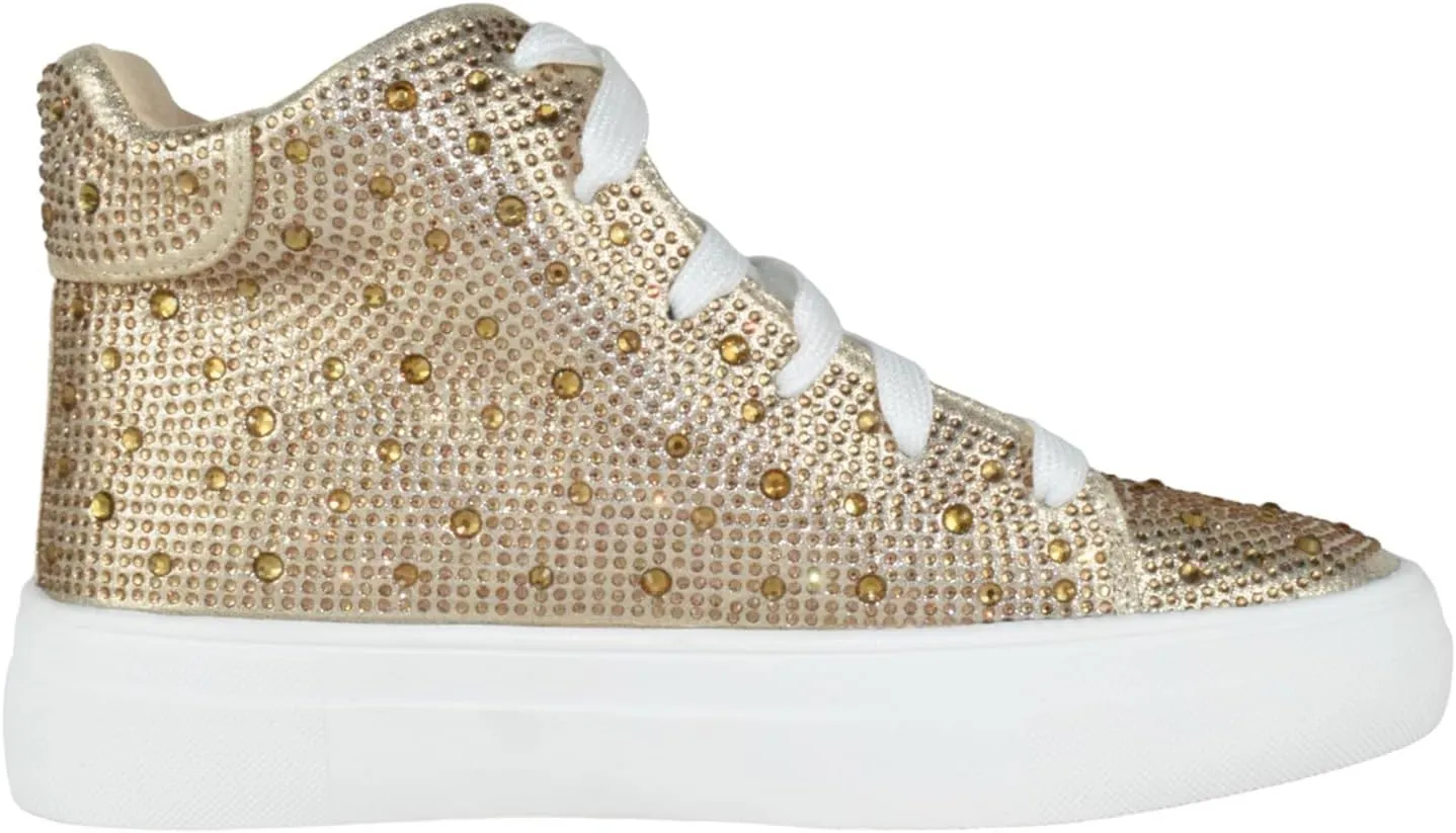 Flat Women High Top Sneakers Chelsea Shoes Lace Up White Sole Rhinestone Bling DOLCE-77