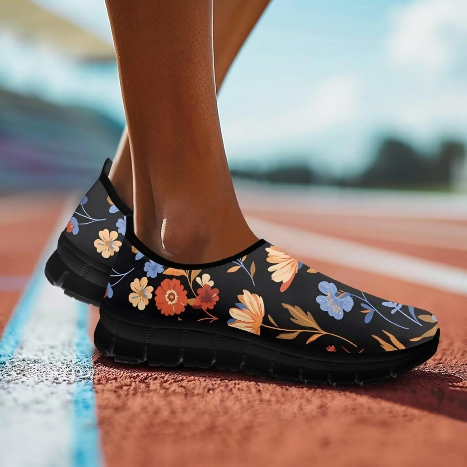 Flowers Casual House Shoes Breathable Mesh Sneakers for Women Comfort Soft Anti-Slip Shock Absorption EVA Sole Hiking Shoes for Outdoor Size 5.5-11.5 Black Sole