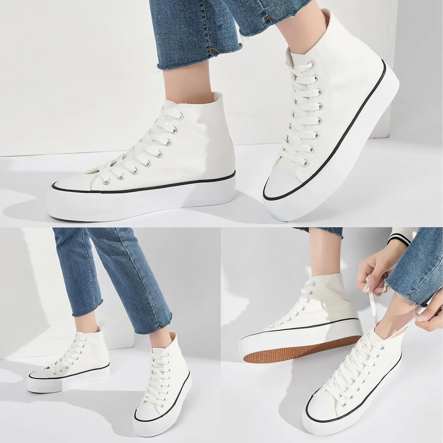 FRACORA Womens High Top Canvas Shoes White Black Platform Sneakers Lace Up Shoes for Women