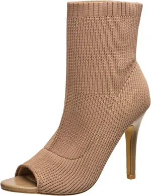 French Connection Women's Meghan Peep Toe Booties Comfortable Work Fall Winter Pull On Fashion Shoes Heeled Boots for Women with Soft Knit Upper