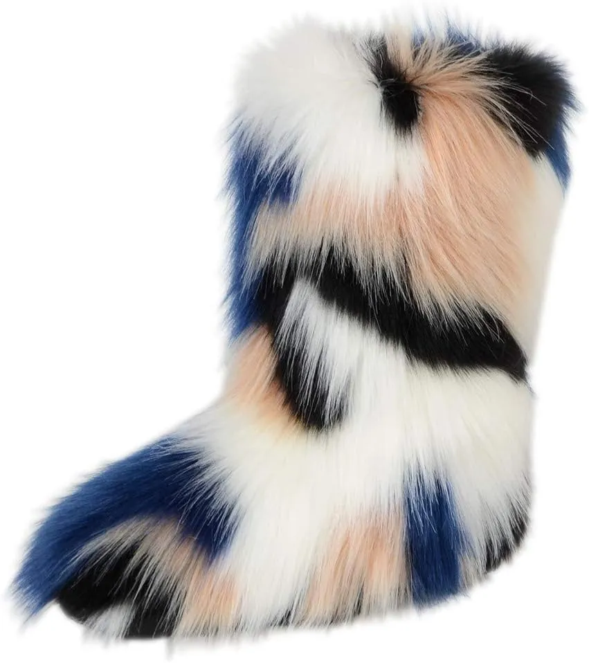 Gegefur Women's Faux fur Boot Furry Fluffy Short Snow Boot Mid-Calf Boots Warm Comfortable Outdoor Flat Shoes