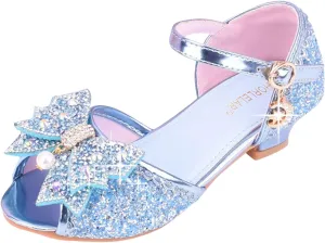 Girls Kids Sequins Dress Dance Sneakers Open Toe Ankle with Strap Low Heel Wedding Shoes Fancy Bow Glitter