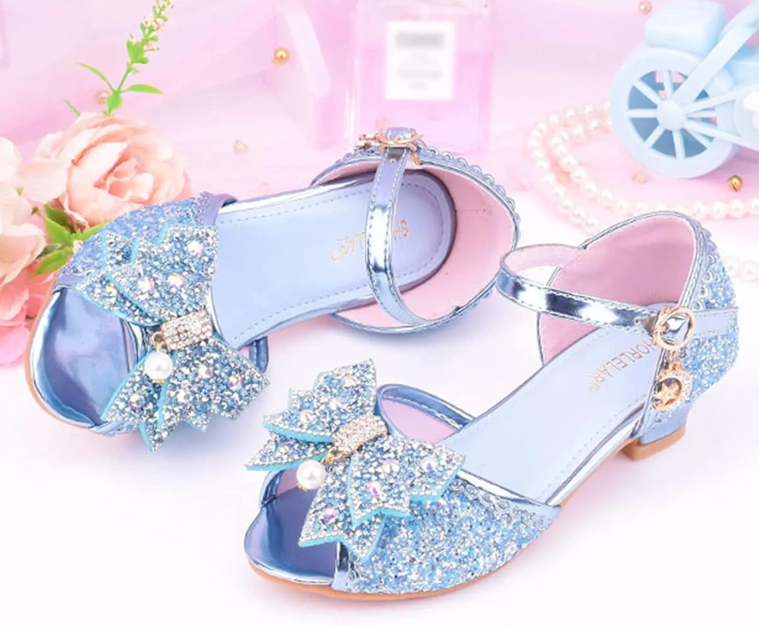 Girls Kids Sequins Dress Dance Sneakers Open Toe Ankle with Strap Low Heel Wedding Shoes Fancy Bow Glitter