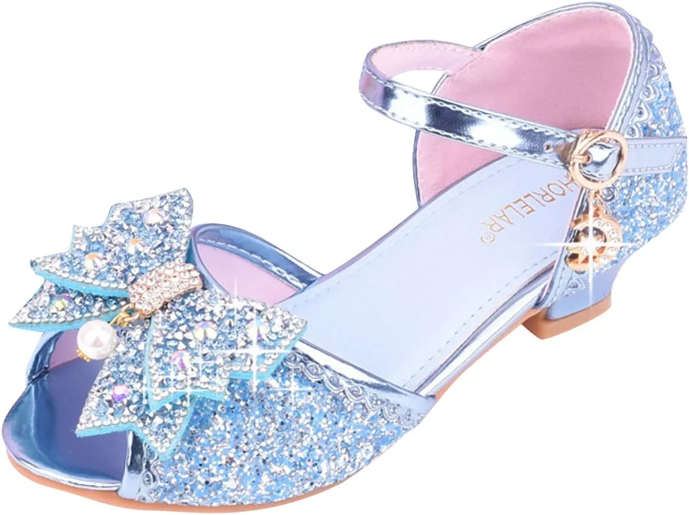Girls Kids Sequins Dress Dance Sneakers Open Toe Ankle with Strap Low Heel Wedding Shoes Fancy Bow Glitter