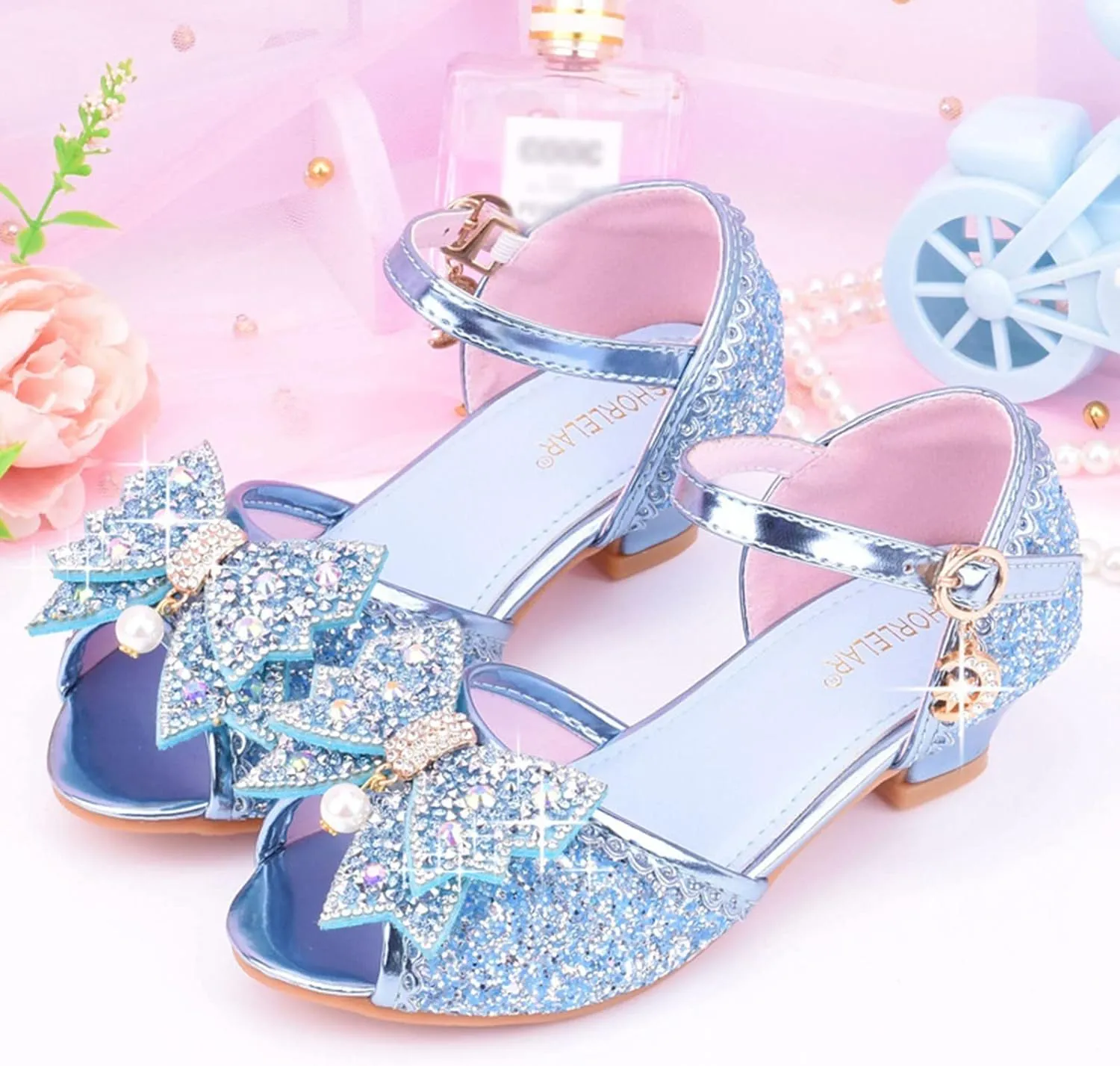 Girls Kids Sequins Dress Dance Sneakers Open Toe Ankle with Strap Low Heel Wedding Shoes Fancy Bow Glitter