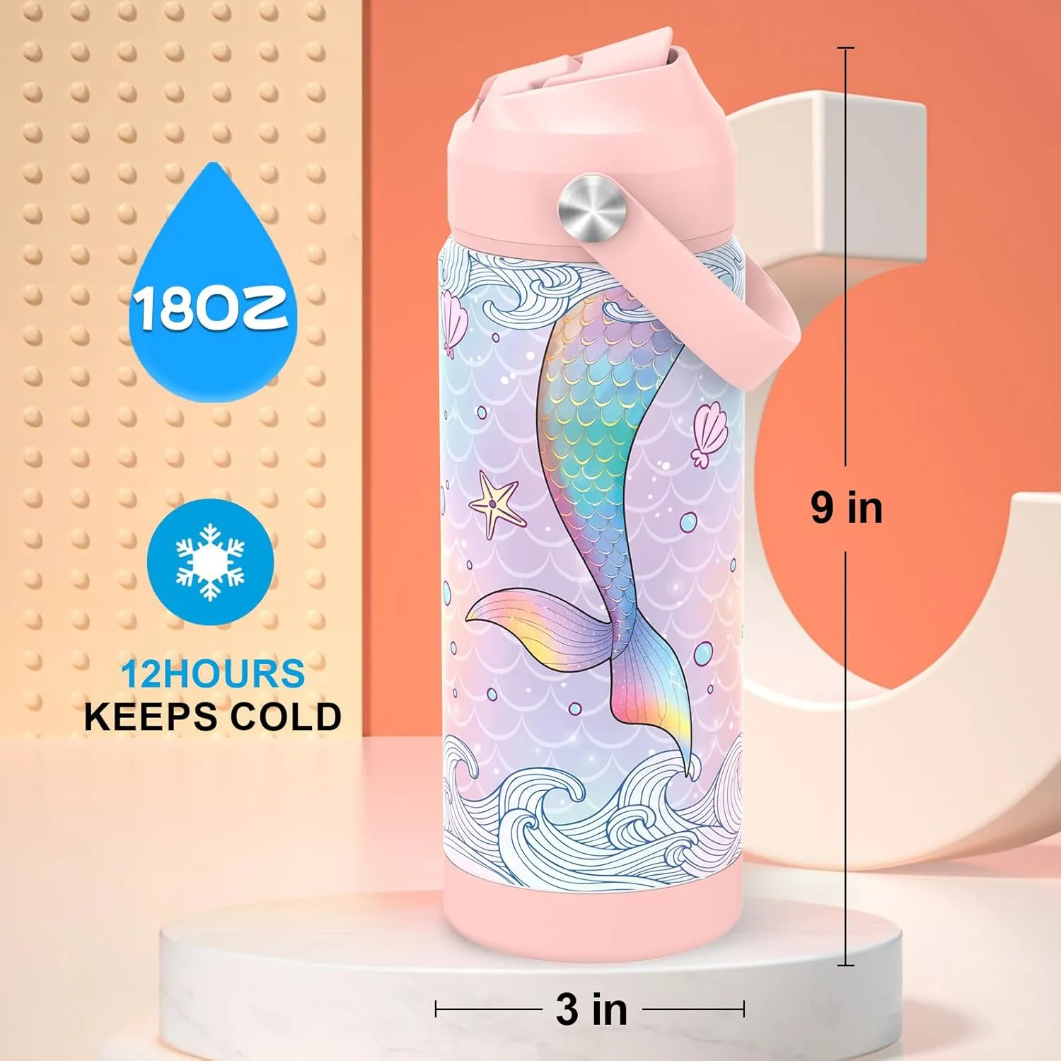 Girls Water Bottle with Straw,18 oz Kids Insulated Cups with Stainless Steel Leak Proof for School,Sport&Travel（Mermaid）
