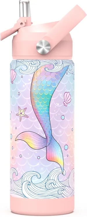 Girls Water Bottle with Straw,18 oz Kids Insulated Cups with Stainless Steel Leak Proof for School,Sport&Travel（Mermaid）