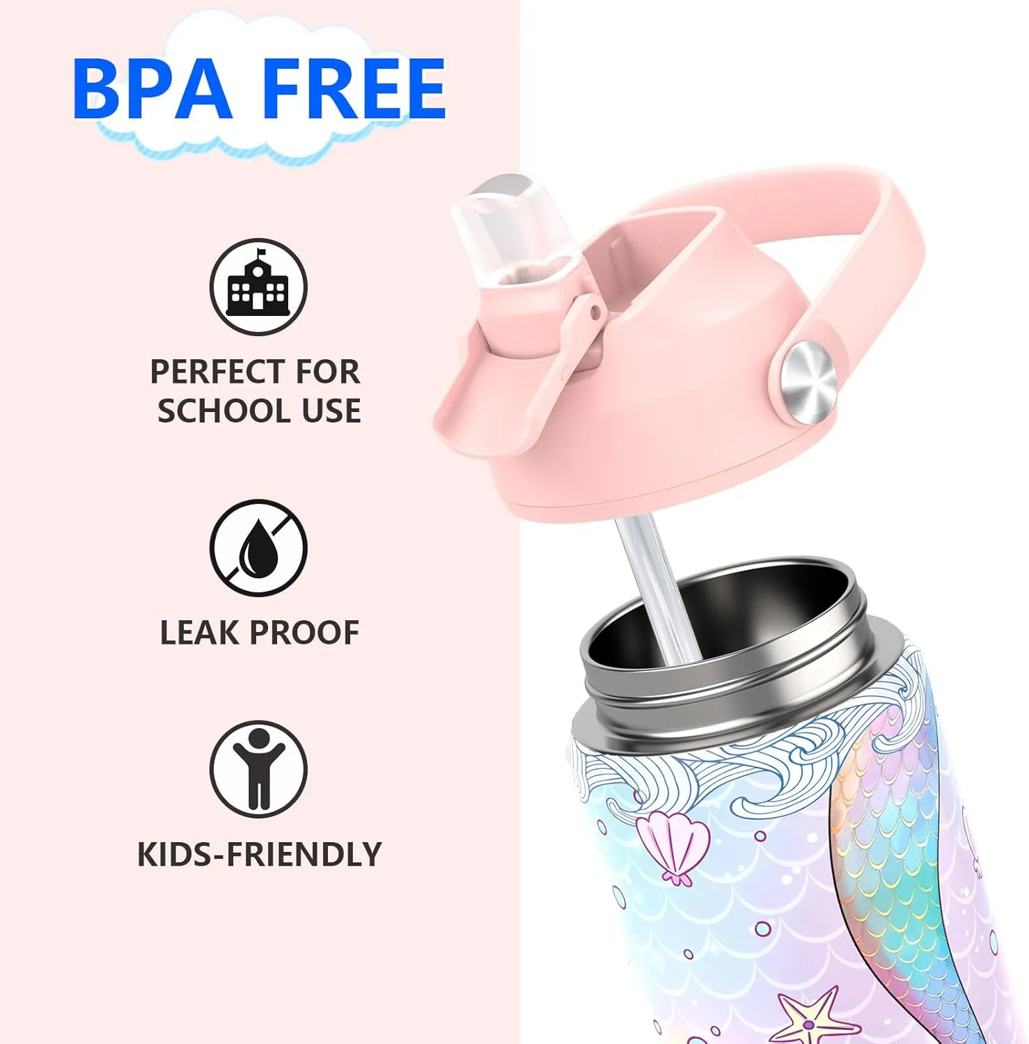 Girls Water Bottle with Straw,18 oz Kids Insulated Cups with Stainless Steel Leak Proof for School,Sport&Travel（Mermaid）