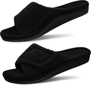 GRITHEIM Women's Orthopedic Arch Support Slippers Fuzzy Adjustable Orthotic Slippers for Plantar Fasciitis Ladies Furry Supportive Corduroy Memory Foam Open Toe Gift Slide