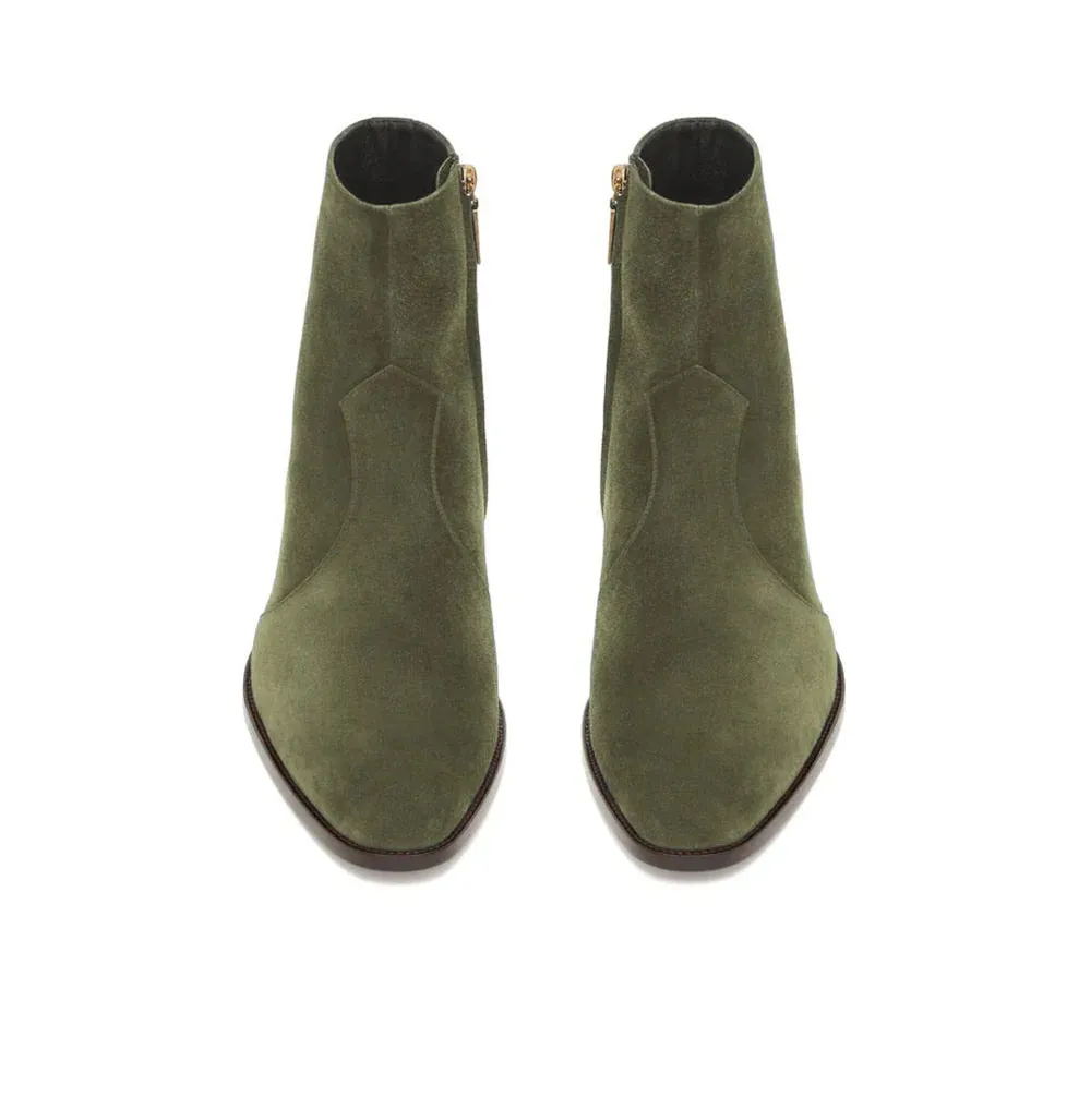 Handmade Green Suede Ankle Boots for Men with Zipper Closure