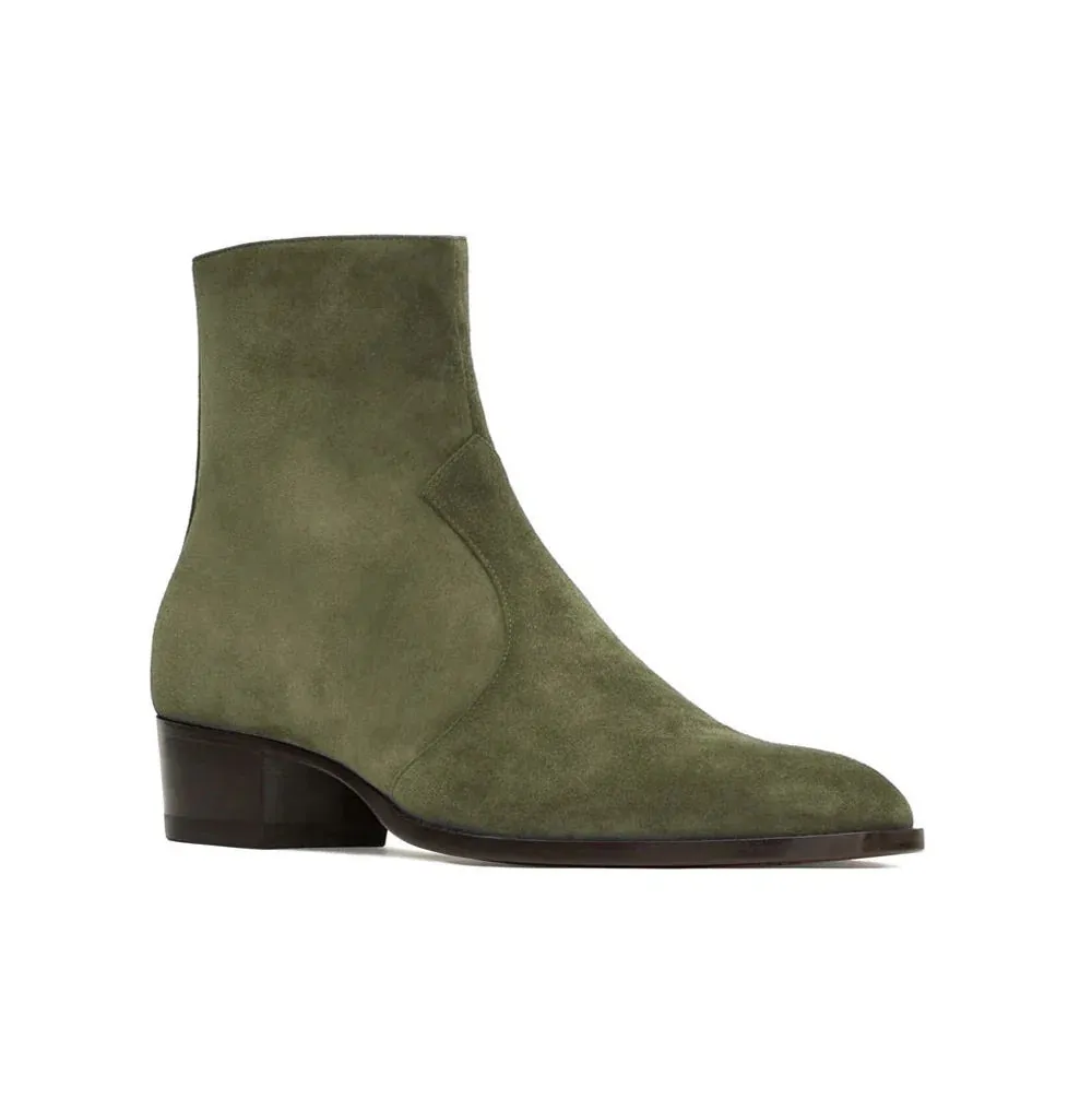 Handmade Green Suede Ankle Boots for Men with Zipper Closure
