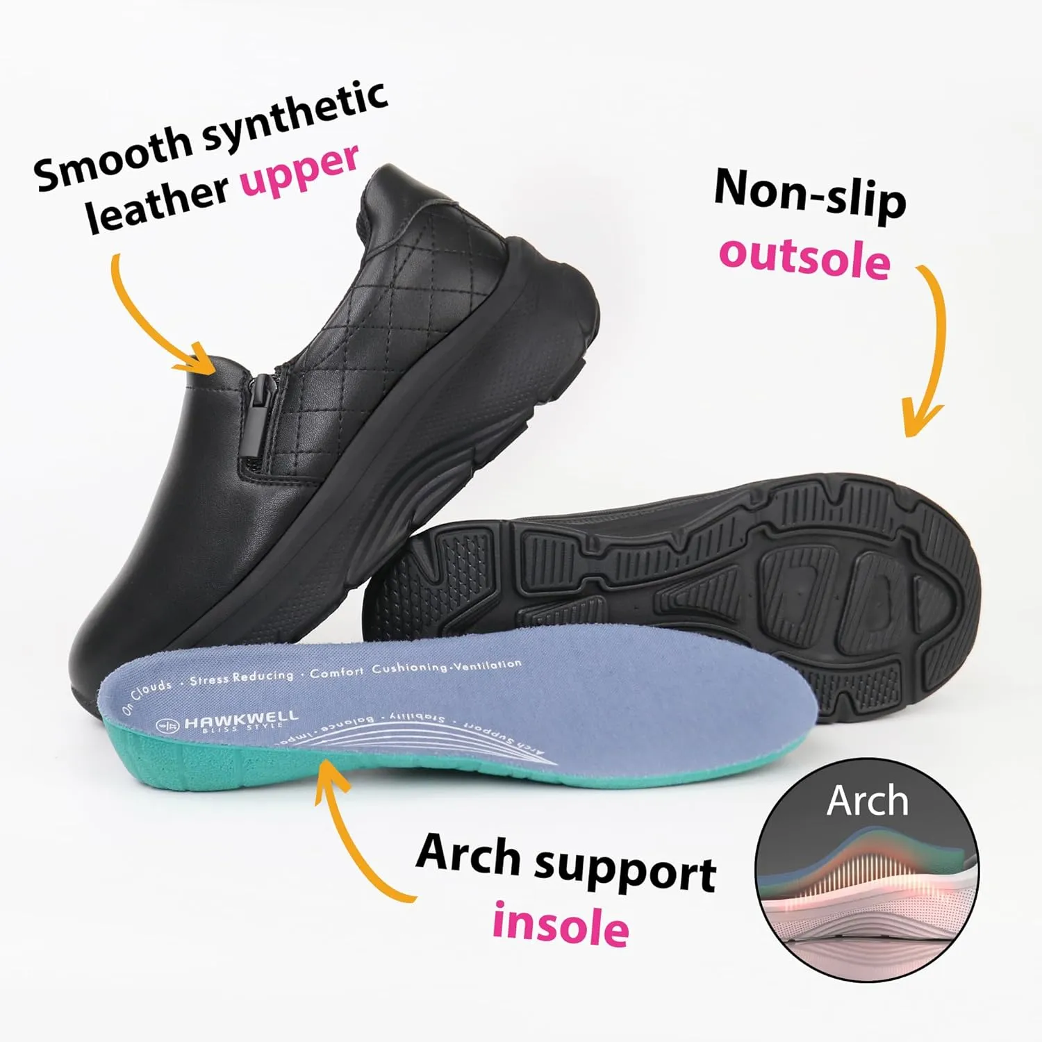 Hawkwell Women's Slip On Arch Support Comfortable Nurse Shoes Slip Resistant Lightweight Work Shoes