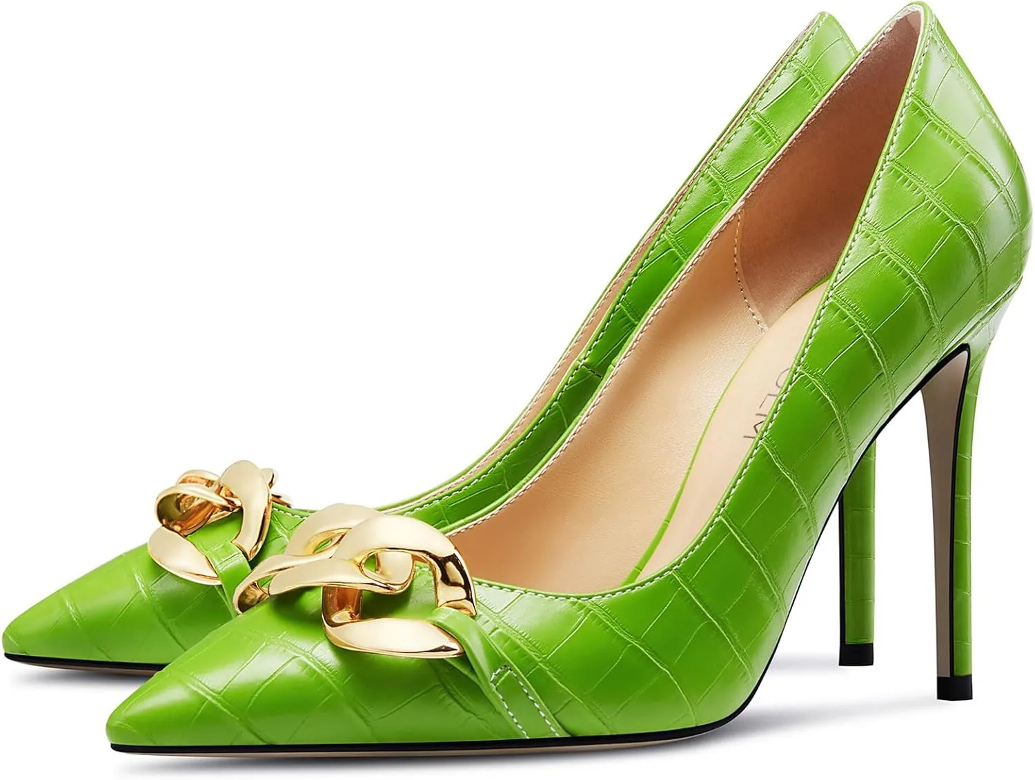 HDEUOLM Womens Stiletto High Heel Pointed Toe Pumps Slip-on Metal Chain Office Basic Classic 3.9 Inches Heels