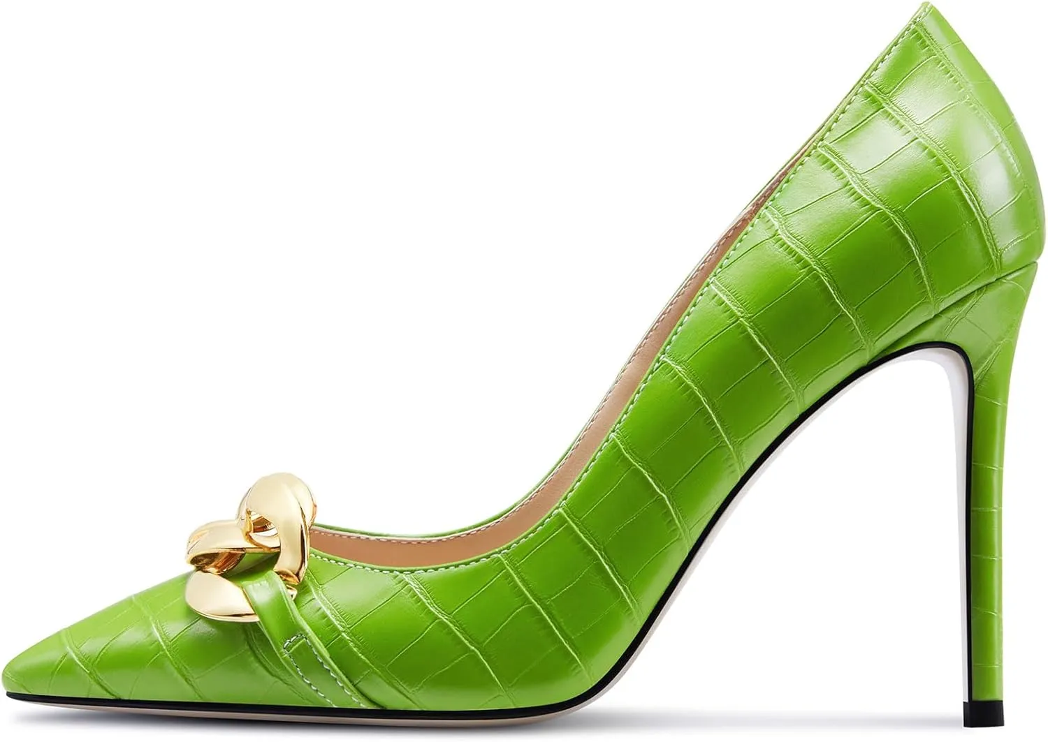 HDEUOLM Womens Stiletto High Heel Pointed Toe Pumps Slip-on Metal Chain Office Basic Classic 3.9 Inches Heels