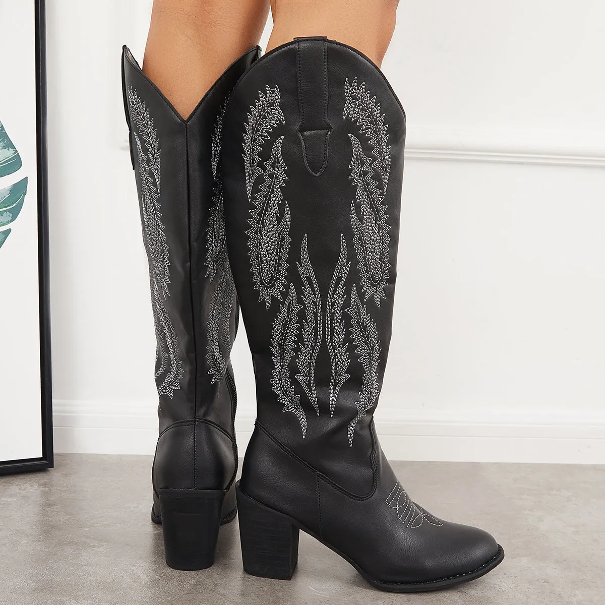 High Western Efficient delivery Embroidered Boots Cowboy Riding Heel Knee Reduced prices Chunky Boots