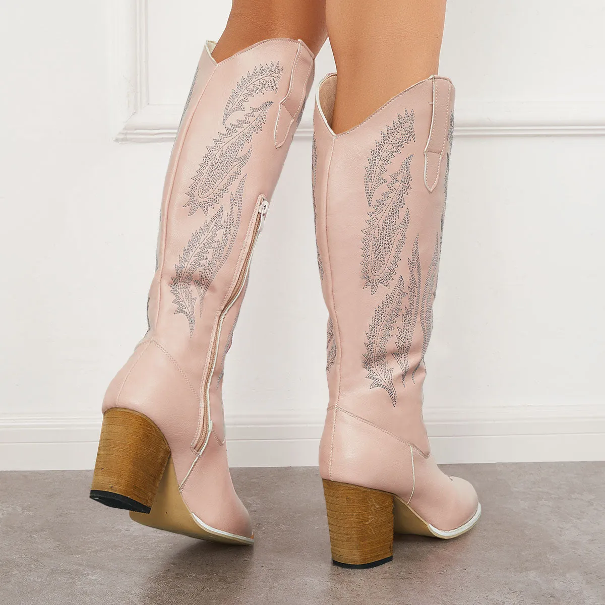 High Western Efficient delivery Embroidered Boots Cowboy Riding Heel Knee Reduced prices Chunky Boots