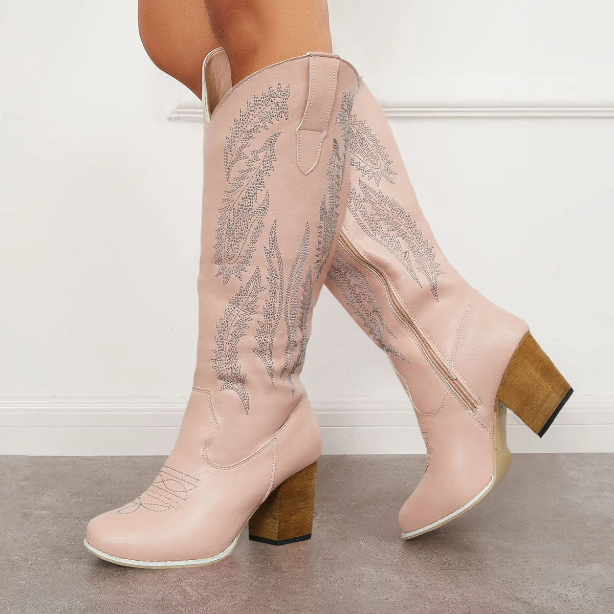 High Western Efficient delivery Embroidered Boots Cowboy Riding Heel Knee Reduced prices Chunky Boots
