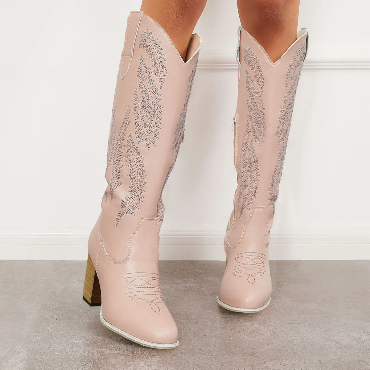 High Western Efficient delivery Embroidered Boots Cowboy Riding Heel Knee Reduced prices Chunky Boots