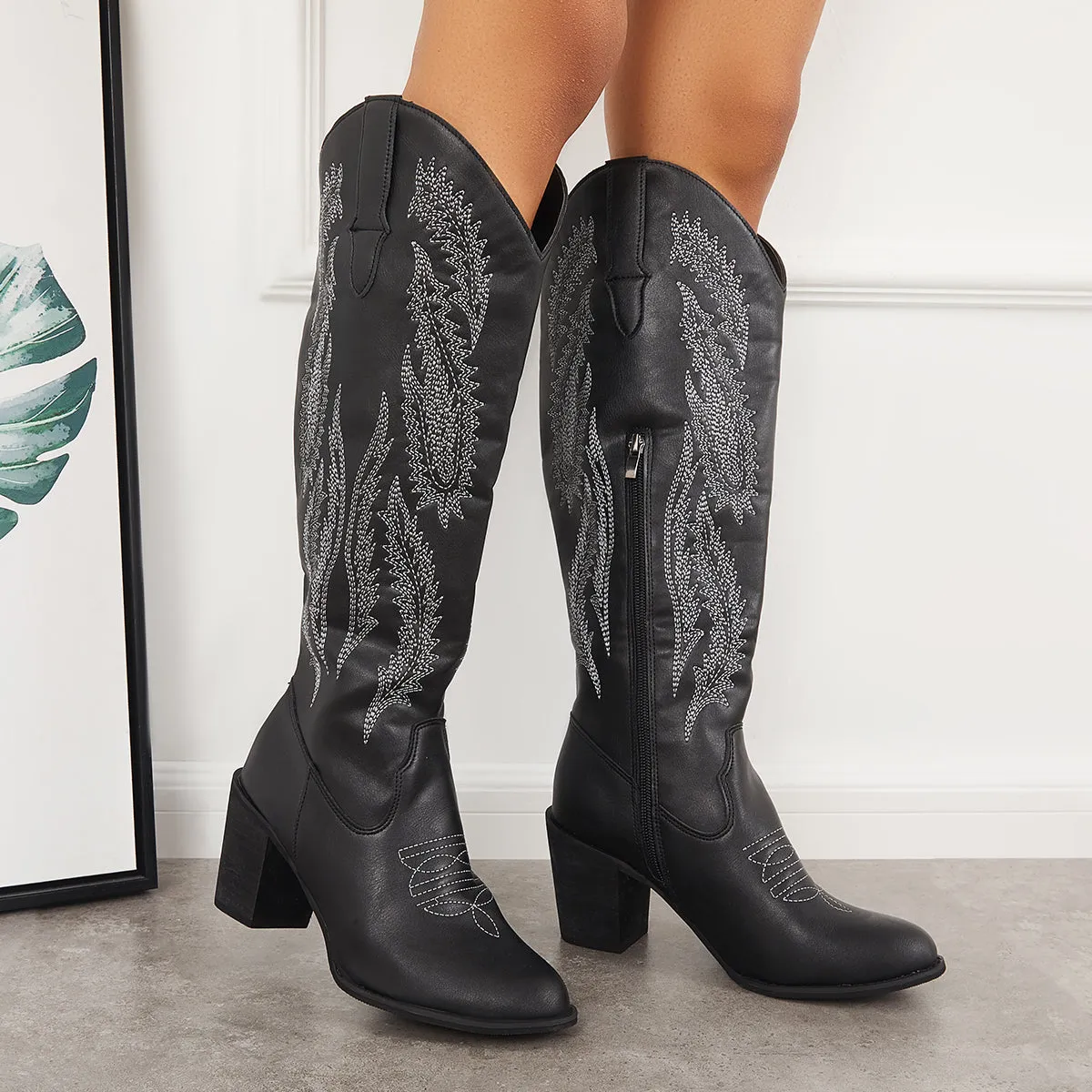 High Western Efficient delivery Embroidered Boots Cowboy Riding Heel Knee Reduced prices Chunky Boots