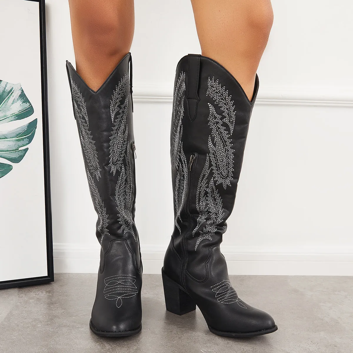 High Western Efficient delivery Embroidered Boots Cowboy Riding Heel Knee Reduced prices Chunky Boots