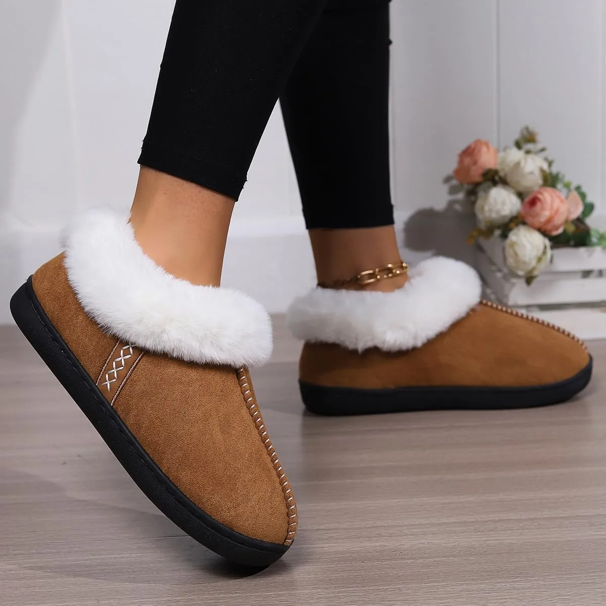 House Slippers for Woman Men, womens slippers on Fuzzy House Shoes Memory Foam with Fuzzy Faux Fur Comfortable Non-Slip Warm Shoes Indoor outdoor Size