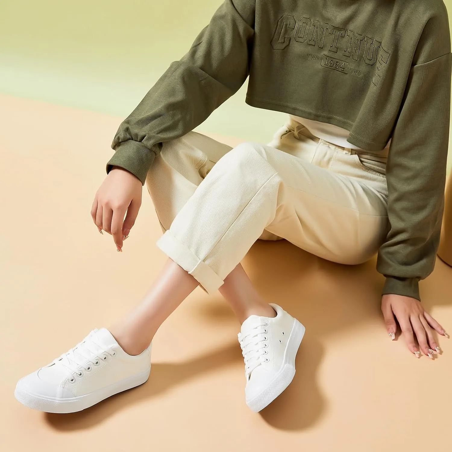 HYPOCRUTE Women's Canvas Shoes Low Top Canvas Sneakers Lace up White Tennis Shoes Casual Walking Shoes for Women
