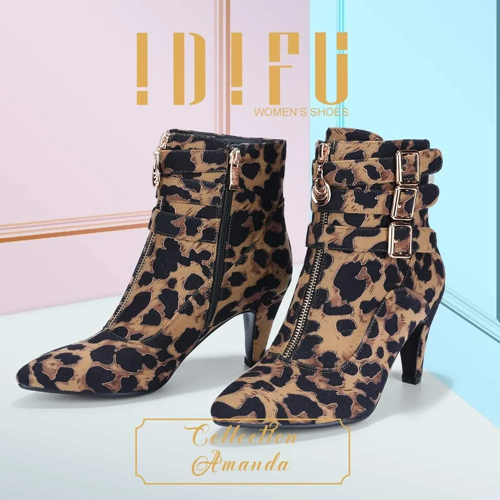 IDIFU Women's Buckle Strap Ankle Booties 3 Inch Pointed Toe Zipper Heels Dress Jeans Boots