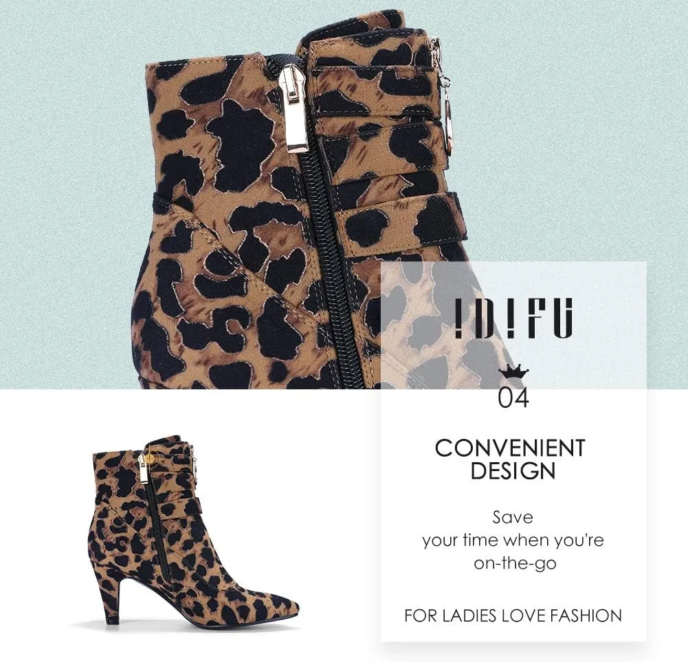 IDIFU Women's Buckle Strap Ankle Booties 3 Inch Pointed Toe Zipper Heels Dress Jeans Boots