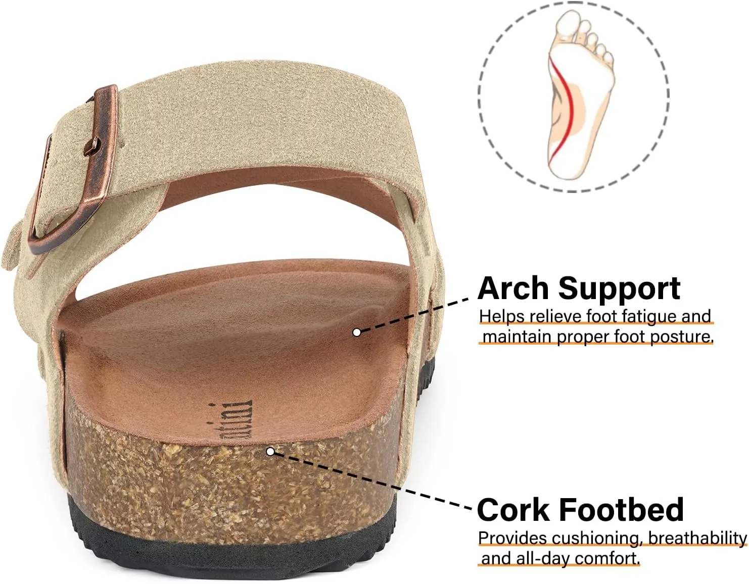 Intini Women's Cork Footbed Sandals with Arch Support Suede Leather Flat Slides Sandals Comfort Open Toe Slip On Shoes for Outdoor Summer Adjustable Buckle & Crisscross Band