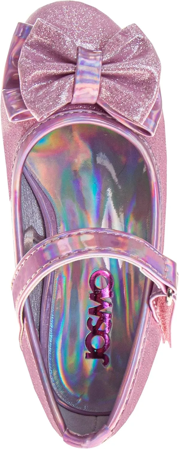 Josmo Sparkly Colors Girl Dress Shoes with Bow, Rubber Sole Closed Toe Block Heel Shoes for Toddler to Big Kid, Comfortable Formal and Party Wear Slip-On Pumps