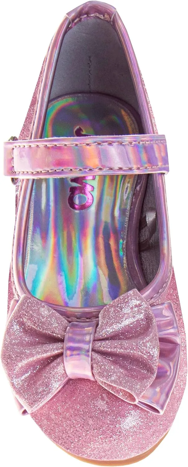 Josmo Sparkly Colors Girl Dress Shoes with Bow, Rubber Sole Closed Toe Block Heel Shoes for Toddler to Big Kid, Comfortable Formal and Party Wear Slip-On Pumps
