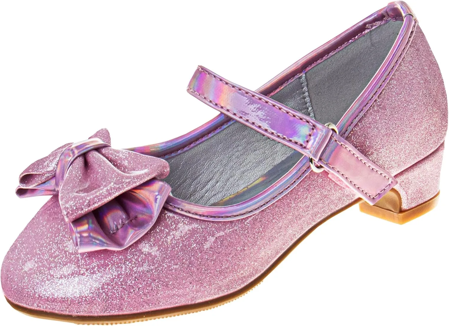 Josmo Sparkly Colors Girl Dress Shoes with Bow, Rubber Sole Closed Toe Block Heel Shoes for Toddler to Big Kid, Comfortable Formal and Party Wear Slip-On Pumps