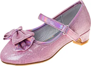 Josmo Sparkly Colors Girl Dress Shoes with Bow, Rubber Sole Closed Toe Block Heel Shoes for Toddler to Big Kid, Comfortable Formal and Party Wear Slip-On Pumps
