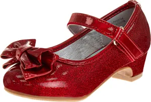 Josmo Sparkly Colors Girl Dress Shoes with Bow, Rubber Sole Closed Toe Block Heel Shoes for Toddler to Big Kid, Comfortable Formal and Party Wear Slip-On Pumps