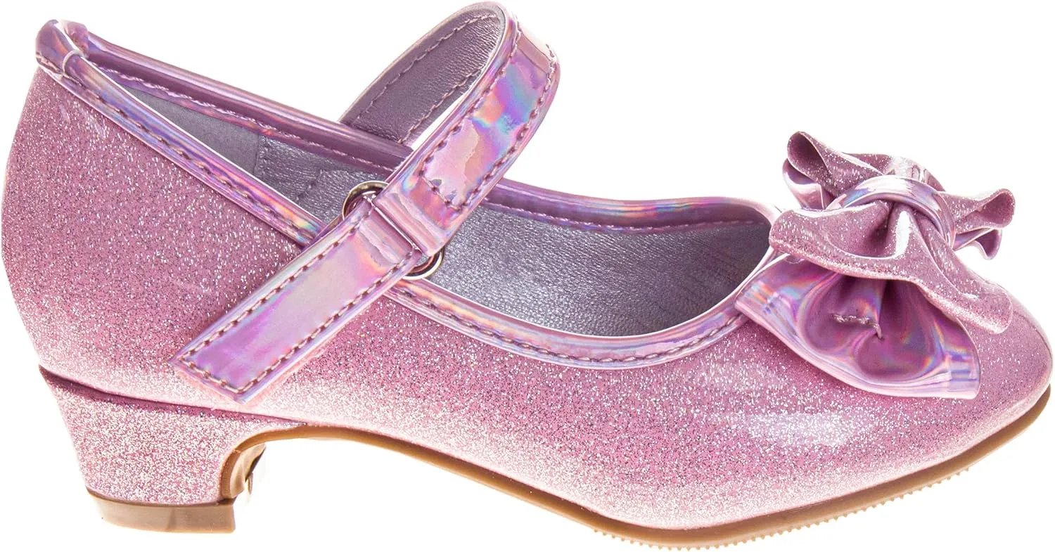 Josmo Sparkly Colors Girl Dress Shoes with Bow, Rubber Sole Closed Toe Block Heel Shoes for Toddler to Big Kid, Comfortable Formal and Party Wear Slip-On Pumps